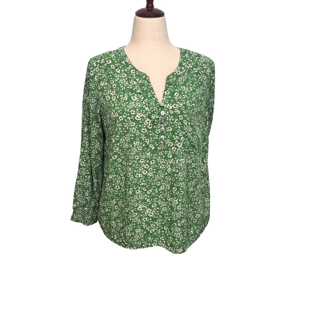J. Jill long sleeve tunic top green & white floral open neck ditzy print Sz M
